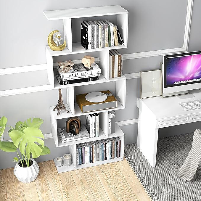 5 Tier Geometric Bookcase, S Shaped Bookshelf, Modern Decorative Storage Shelving, Wooden Room Divider Bookcase, 62.5" Tall Staggered Display Book Shelf for Living Room (1, White)