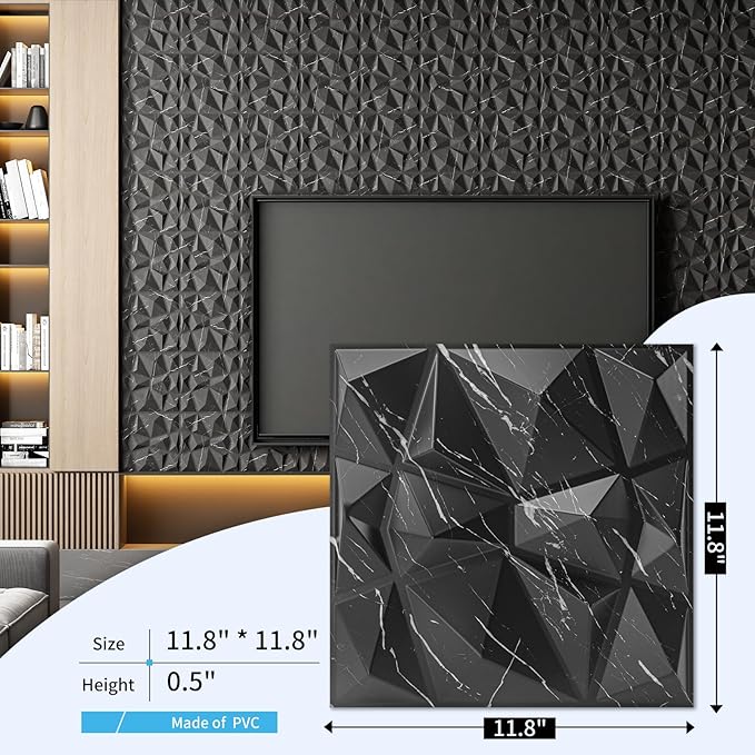 Art3d 3D Diamond Design Paneling for Interior Decor, Living Room, TV Wall Background, Bedroom, Gaming Setup, 11.8" x 11.8", Black Marble, 33 Pack