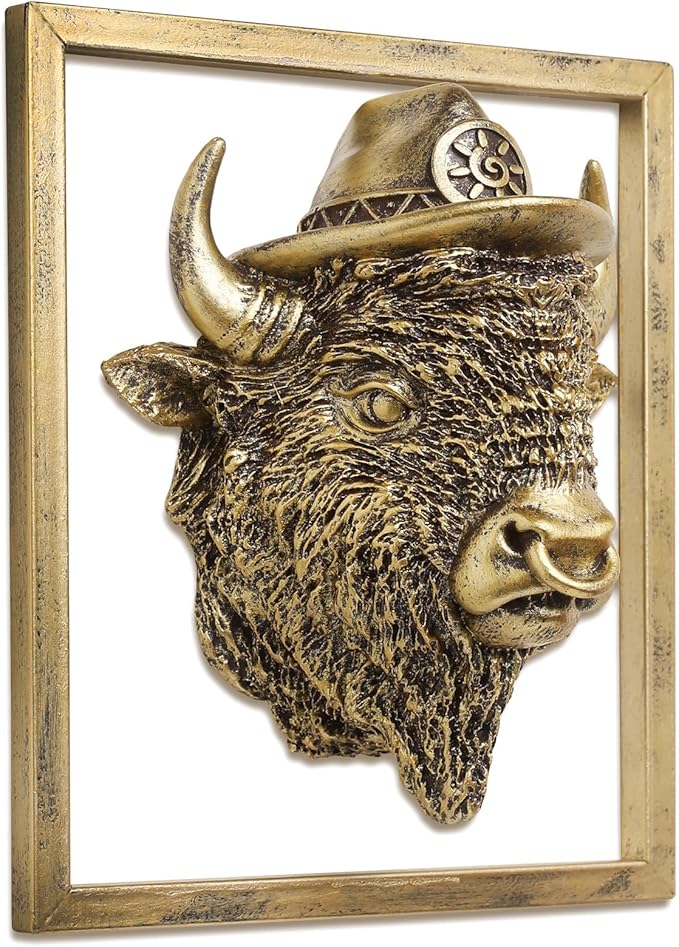 Newinhome Animal Heads Wall Decor (Includes Metal Frame) Resin Animals Sculptures Head Wall Hanging Decoration Gold vintage Wall Sculpture for Living Room Bedroom Office (American Bison)