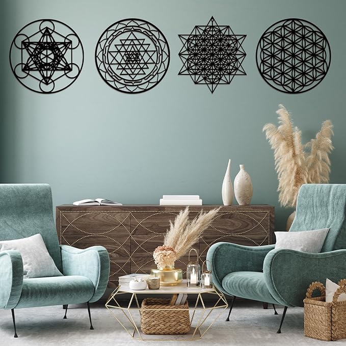 Leinuosen 4 Pcs 12 Inch Crystal Grid Board Sacred Geometric Wall Art Set Metatron Cube, Flower of Life, Sri Yantra, 64 Star Tetrahedron Pagan Decor Home Wall Decor for Room(Black)