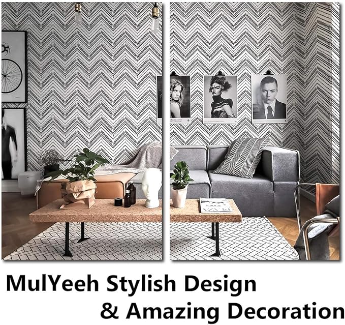 MulYeeh 17.5'' x 314'' Peel and Stick Wallpaper Modern Circle Oval Stripe Black White Wallpaper Self-Adhesive Removable Wall Covering Prepasted Decorative