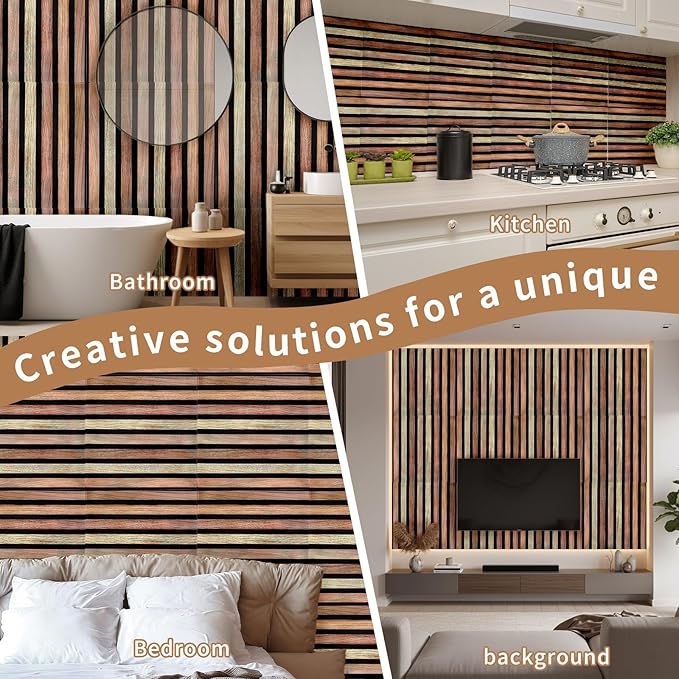 30 Pcs Faux Wood Slat Wall Panel Peel and Stick 11.8"x11.8" Peel and Stick Wood Tiles Ultralight PVC Wall Paneling for Bedroom, Bathroom, Kitchen Backsplash, Farmhouse Interior Decor