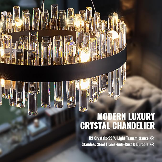 Modern Crystal Chandelier for Dining Room, 12-Light Black Round Chandelier, 23.6-inch K9 Crystal Raindrop Ceiling Light, Luxury Flush Mount Light Fixture for Kitchen Living Room Entryway