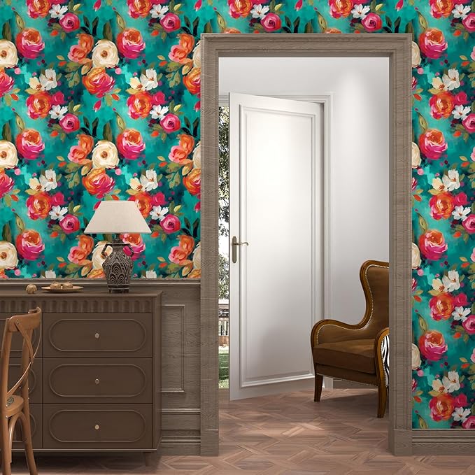 Bright Floral Wall Paper Watercolor Peel and Stick Wallpaper Oil Painting Contact Paper for Countertop Cabinet Wall Shelf Liner Removable Renter Friendly Colorful 17.5 x 196.5In