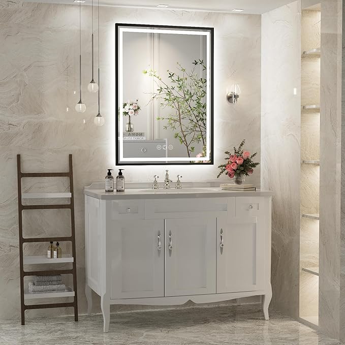 24x32 Inch LED Bathroom Mirror with Lights, Frontlit & Backlit Black Metal Frame Mirror, Wall Mounted Lighted Vanity Mirrors, Double Lights Strips,Anti Fog Dimmable & 3 Colors Temperature