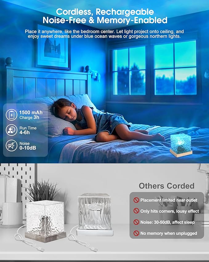 Aurora Ocean Wave Projector Light, Cordless Rechargeable, 16 Colors 4 Modes Northern Lights Lamp with Touch & Remote for Bedroom, Water Ripple Night Light for Room Decor Ambient Mood Lighting