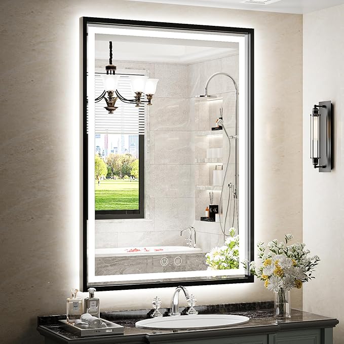 LED Bathroom Mirror, 20x28 Inch Frontlit & Backlit Black Framed Lighted Mirror,Wall Mouted Vanity with Lights,Double Lights Strips,Anti Fog Stepless 3 Colors Temperature & Dimmable