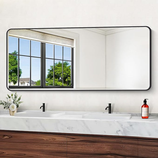 72" x 30"Bathroom Mirror, Matte Black Wall Mirror with Metal Frame, Decorative Rectangular Vanity Mirror for Bedroom Bathroom Living Room Entryway (Horizontal/Vertical)