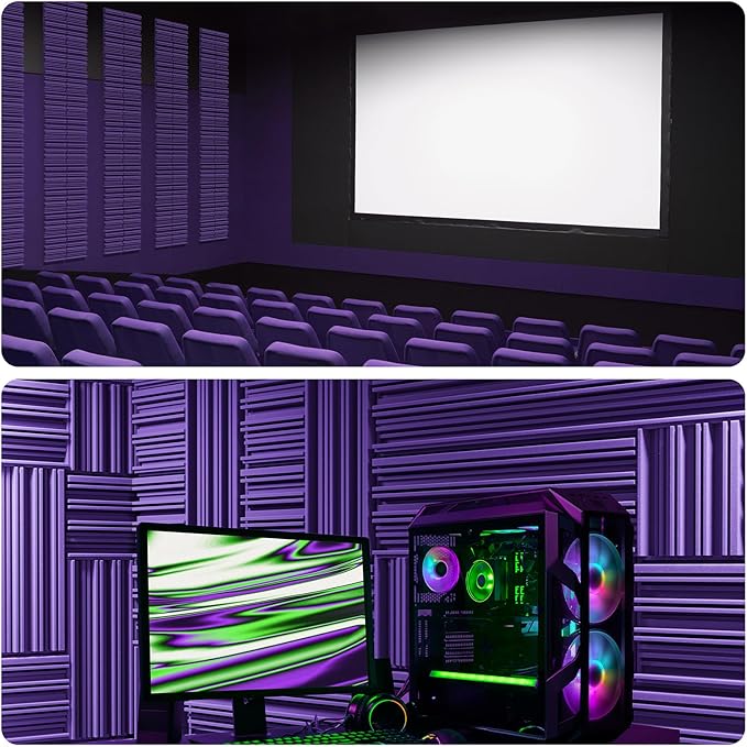12 Pack Acoustic Foam Panels for Walls, 12" x 12" x 2" Soundproof Wall Panels, Self-Adhesive Soundproofing Padding, High Resilience Sound Absorbing Panels for Home Studios, Offices - Purple