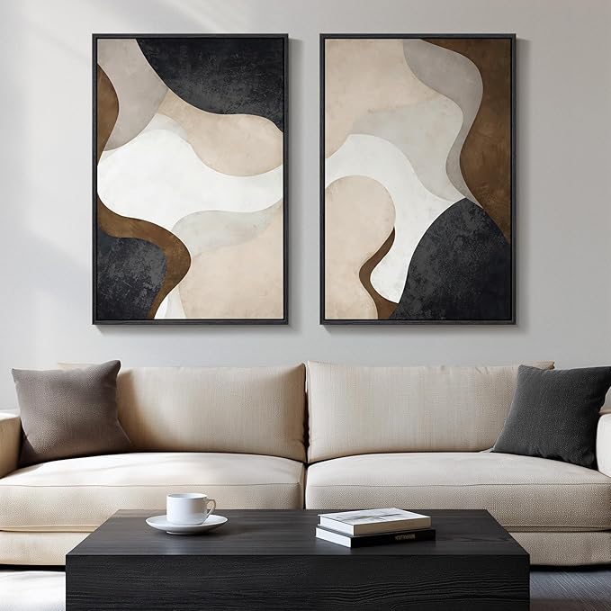 Large Framed Neutral Abstract Minimalist Wall Art Set of 2, Modern Canvas Prints Paintings Artwork for Walls, Black Beige Brown Abstract Art Pictures for Living Room Dining Bedroom Wall Decor 24x36 In