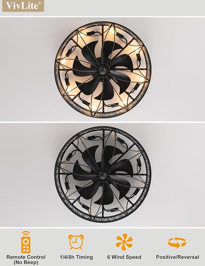 24" Vintage Crystal Chandelier Fan, Luxury Art Deco Flush Mount Fandelier with Lights and Remote, Rustic Enclosed Bladeless Ceiling Fan for Living Room, Dining Room, Large Bedrooms