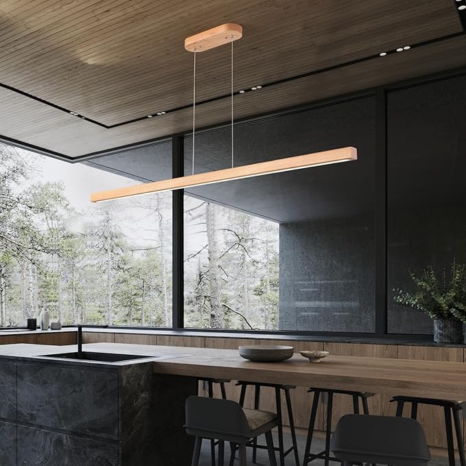 71" 40W Wood Linear Pendant Light Fixture Led Dining Room Light Dimmable Hanging Light Fixture for Kitchen Island Dining Room Pool Table Lights Natural