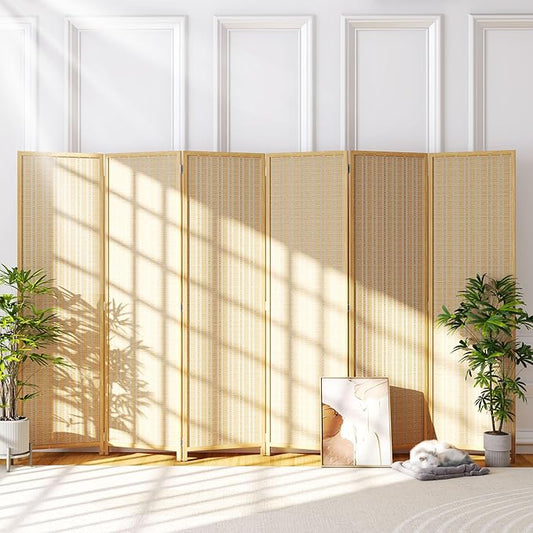 JOSTYLE Room Divider Folding Privacy Screen, 6 Panel Room Divider Screen - 6 ft. Tall Bamboo Divider Panel for Room Separation Freestanding Partition Wall, Beige
