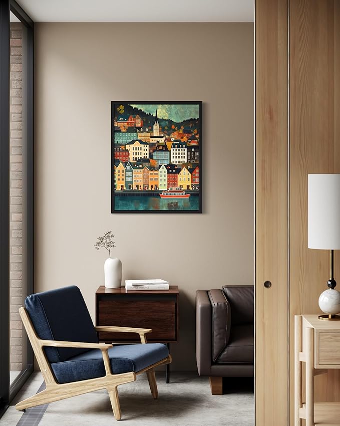 Bergen Norway Wall Art Poster Print, Vintage Retro Landscape Scenery Painting Artwork Travel Prints Decor Cityscape Landmarks Gallery 27 (Bergen Norway, 11 x 14 inches, Black Frame)