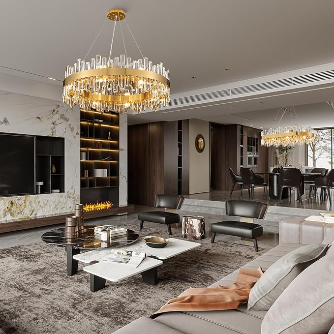 Modern Crystal Chandeliers, 16 Lights Brass Gold Round 2-Tier K9 Crystal Raindrop Chandelier, Luxury Flush Mount Pendant Ceiling Light for Living Room Bedroom Entryway Kitchen Foyer D31.5''