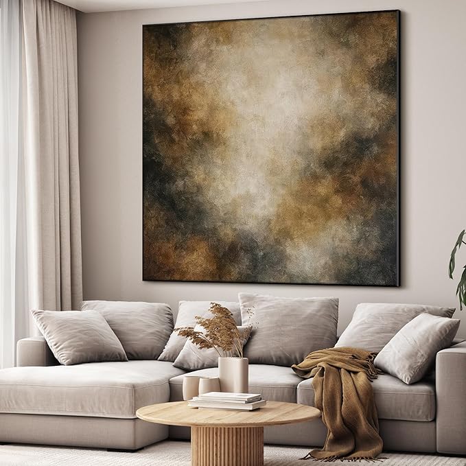 46"x46" XL Framed Wall Art - Neutral Abstract Brown and Beige Cloud-Like Painting Minimalist Foggy Forest Tranquil (Frame Assembly Required)