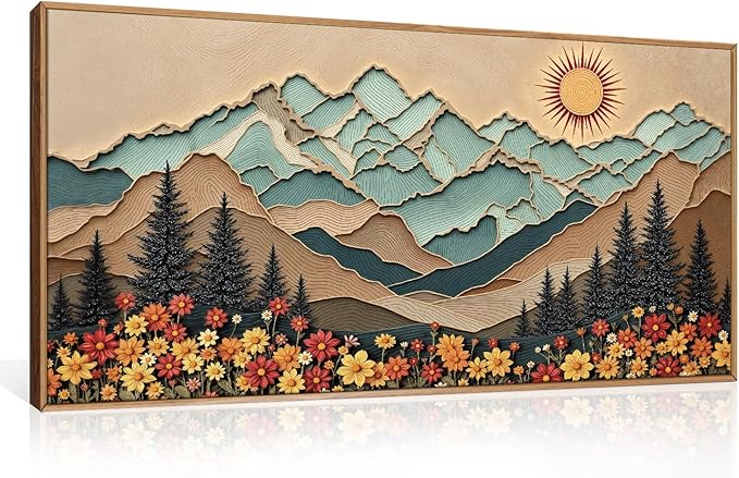 Large Wood Grain Mountain Framed Canvas Wall Art Set,Vintage Sunrise Forest Floral Wall Decor,Rustic Boho Natural Wilderness Art Printing for Living Room,Bedroom,Office-20 * 40"