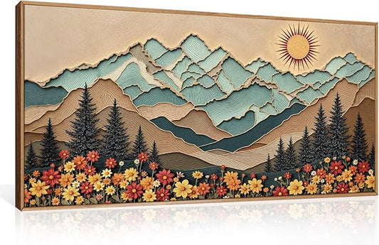 Large Wood Grain Mountain Framed Canvas Wall Art Set,Vintage Sunrise Forest Floral Wall Decor,Rustic Boho Natural Wilderness Art Printing for Living Room,Bedroom,Office-20 * 40"