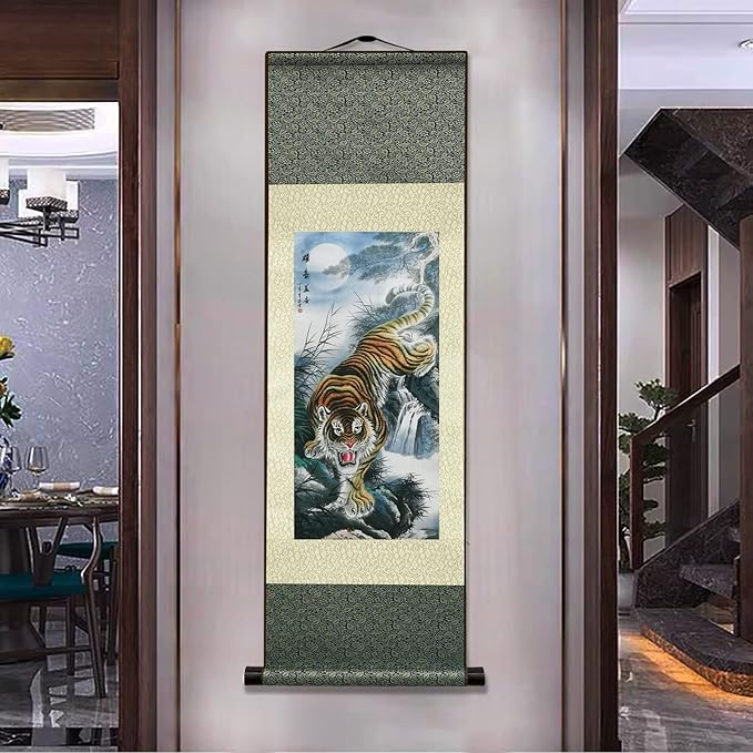 AtfArt Asian Wall Decor Beautiful Silk Scroll Painting Animal - Tiger King Deterrence - Angry Tiger Oriental Decor Chinese Art Wall Hanging Painting Scroll (36.2 x 12 in)
