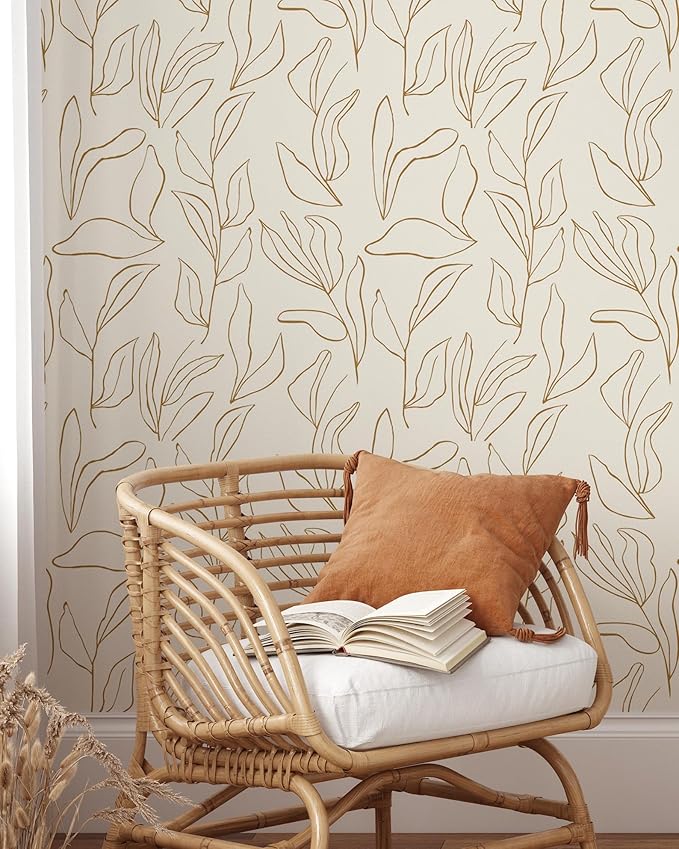 Modern Boho Leaves Wallpaper | Removable Self Adhesive Minimalistic Wallpaper | Neutral Floral Peel and Stick Wallpaper (1 roll 24" W x 96" H)