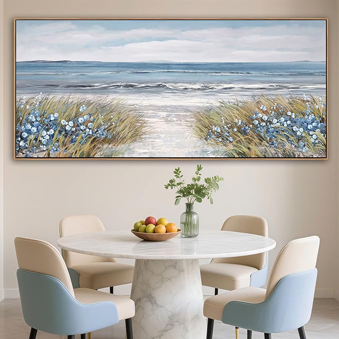 XLSJERST Large Framed Wall Art for Living Room Decor - Farmhouse Boho Beach Coastal Vintage Floral Ocean Wall Picture Flowers Sea Canvas Print Artwork for Home Bedroom Office 86x39 Inches