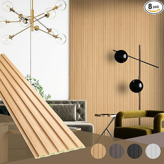 OUZUGIE WPC Acoustic Slat Wall Paneling, 8-Pack 114 x 6 Inches 3D Wall Panels for Interior Wall Decor,Living Room,TV Background,Study Room,Office Spaces,Bedroom,Low Grille (Oak)