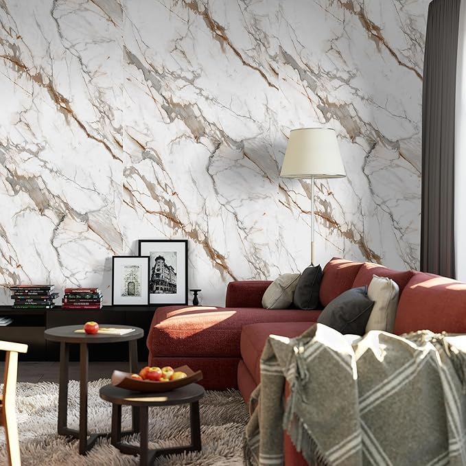 Marble Peel and Stick Waterproof Wall Paneling, 118" x 47" Calacatta Gold Glossy Finish Self-Adhesive Backsplash Tile Vinyl Wall Panel for Kitchen Bathroom Wall Decor, Covers 38.75 Sq. Ft.