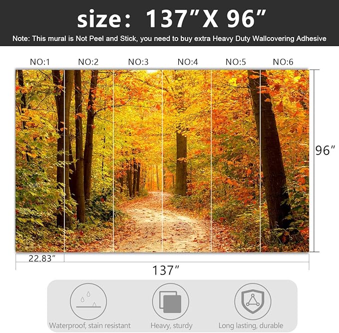 -Autumn Gold Forest Jungle Tree Fabric Wallpaper Living Room Bedroom Bathroom Woodland Scenery Large Wall Mural- 137"x96"（ not Peel and Stick）