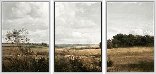 MUDECOR Framed Canvas Print Wall Art Rustic Fields Tranquil Countryside Landscape Nature Wilderness Illustrations Realism Decorative Panoramic Earth for Living Room, Bedroom, Office - 24"x36"x3 White