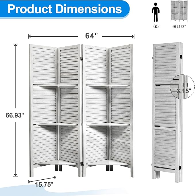 4 Panel Room Divider 5.6FT Louvered Design Room Dividers with Display Shelves Folding Privacy Screens Portable Freestanding Partition Wall Dividers for Bedroom & Office, Retro White