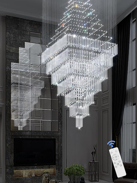 Flashing God D59''X H120'' Extra Large Chandeliers for High Ceilings Crystal Raindrop Chandeliers Large Villa Chandelier Entrance Foyer Crystal High Ceiling Light LED Dimmable 2700K-6000K Quadrate