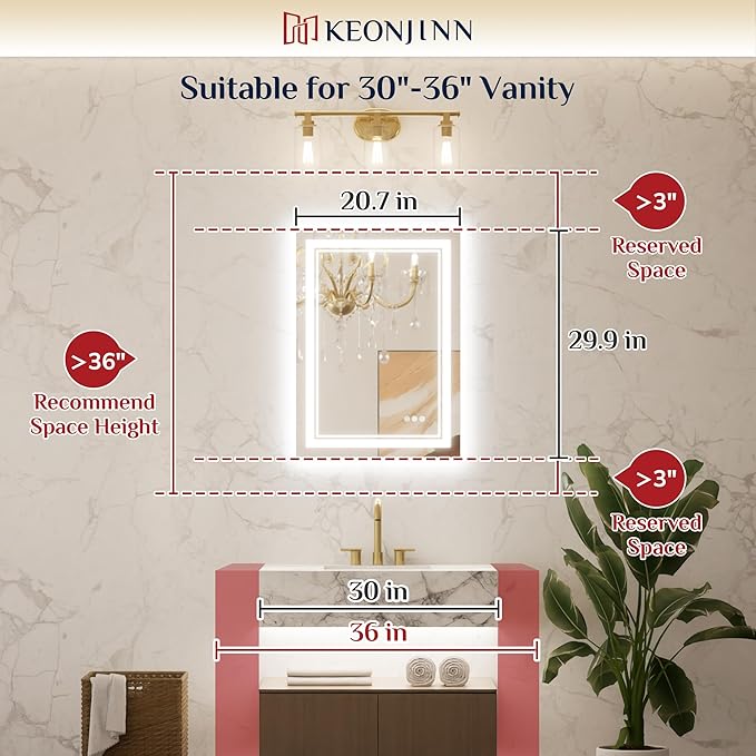 Keonjinn LED Mirror for Bathroom 22" x 30" with Frontlit and Backlit, Stepless 3 Colors Temperature & Dimmable Lighted Wall Mirror, Double LED Strips & UL Listed Driver, Anti Fog Mirrors with Light