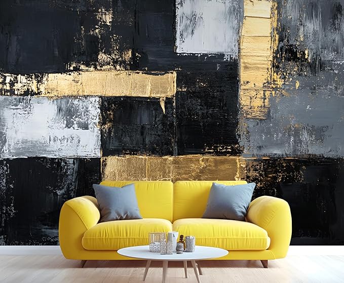 Black White Graffiti Mural Wallpaper, Gold Stripes Murals, Modern Fashion Art Murals, Wallpaper for Living Room Bedroom Boy Girl Room Home Decor Mural (Not Peel Stick)