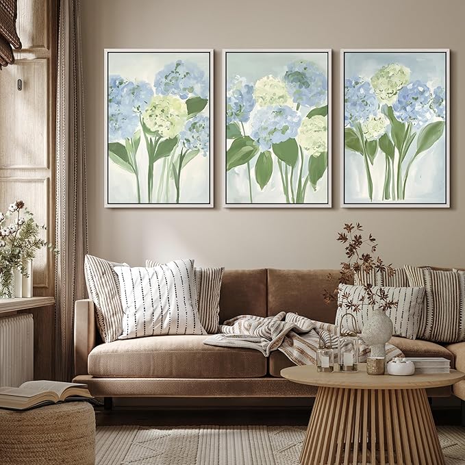 MUDECOR Framed Wall Art Print Set Blue Hydrangea Floral Botanical with Green Leaves Illustrations Modern Art Boho Decorative Colorful Chic for Living Room, Bedroom, Office - 24"x36"x3 White