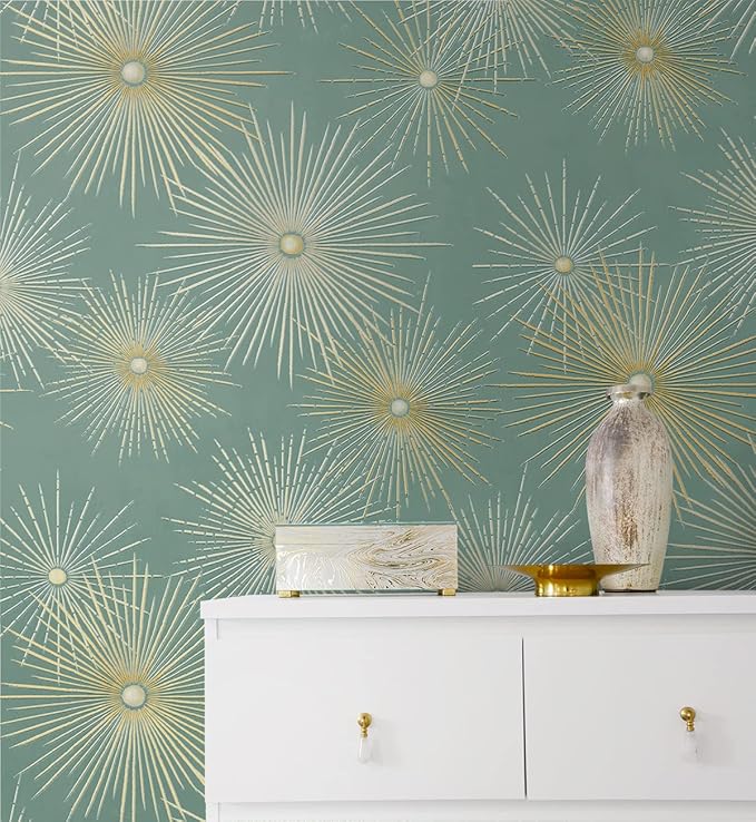 NextWall Star Burst Geo Mid Century Peel and Stick Wallpaper (Teal & Metallic Gold)