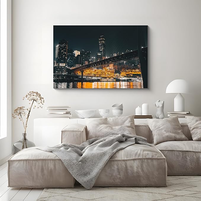 NAN Wind 1PCS Chongqing City Nightscape Canvas Wall Art Illuminated Chinese Skyline with Bridge Skyscrapers Modern Urban Landscape Photography Print for Living Room Office Bedroom Decor