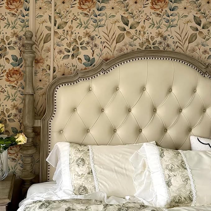 Beige Floral Wallpaper Self Adhesive Peel and Stick Cream Blooming Watercolor Vivid Botanical Leaf Contact Paper Removable Waterproof for Bedroom Renter Friendly 17.71"x236.2"