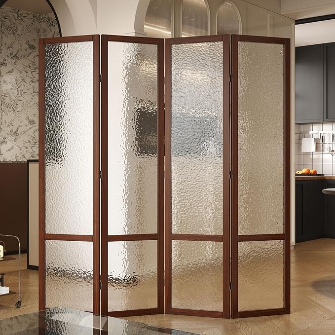 Acrylic Room Divider, 4-Panel Freestanding Partition Screen, Frosted Translucent Privacy Panel - Lightweight Modern Divider for Home Office Studio (Walnut, 4 Panels)