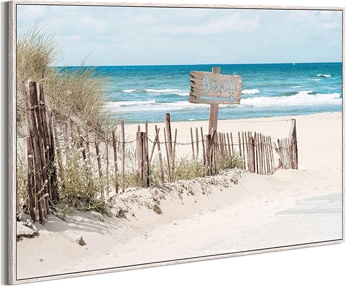 Ocean Wall Art Canvas Decor: Large Beach Coastal Scene Framed Artwork Sea Wave Seascape Painting Seaside Seashore Landscape Print for Living Room Bedroom Home Decorations 48 x 32 Inch