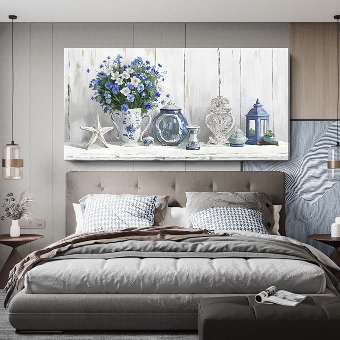 Nicetop Oversized Vintage Wall Art – Rustic Coastal Still Life Floral Canvas Print Country Farmhouse Cottagecore Shabby Chic Style Botanical Artwork Blue Picture for Large Living Room Kitchen 58x29Inch