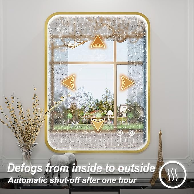 24x32 Inch Gold LED Bathroom Mirror with Lights, 3000K/4500K/6000K, Lighted Bathroom Vanity Mirror, Wall Mounted, Stepless Dimmable, Memory Funtion, Anti-Fog, Horizontal/Vertical