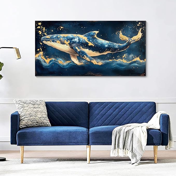 JEAWA Large Canvas Wall Art, 24x48 IN Ocean Blue Whale Animal Pictures Print Hand-drawn Gold Foil Texture Cool Wall Painting for Living Room Bedroom Kitchen Study Home Posters Decor