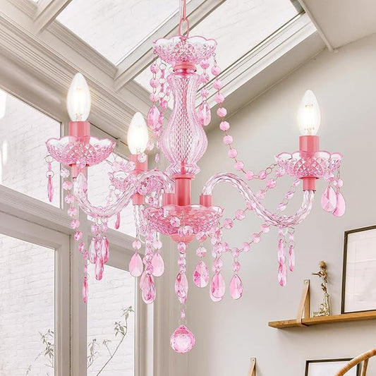 Luvkczc Crystal Chandelier, 3-Light Modern K9 Acrylic Crystal Chandelier for Dining Room, Pendant Ceiling Lighting Fixture for Bedroom, Living Room, Dining Room, Entryway Pink