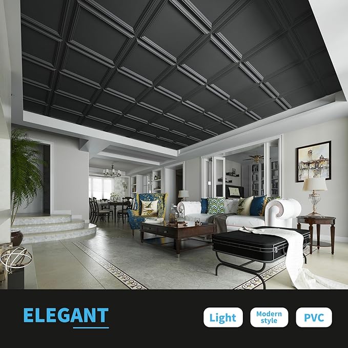 Art3d 24-Pack Drop Relief Ceiling Tiles for Home, Office & Commercial Space, 24 x 24in PVC Waterproof 3D Wall Panels Cover 96 Sq. Ft, Black