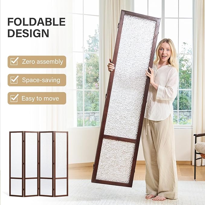4 Panel Acrylic Room Divider Privacy Screen - Freestanding Frosted Translucent Partition, Lightweight Modern for Home Office Studio (Walnut, 4 Panels)