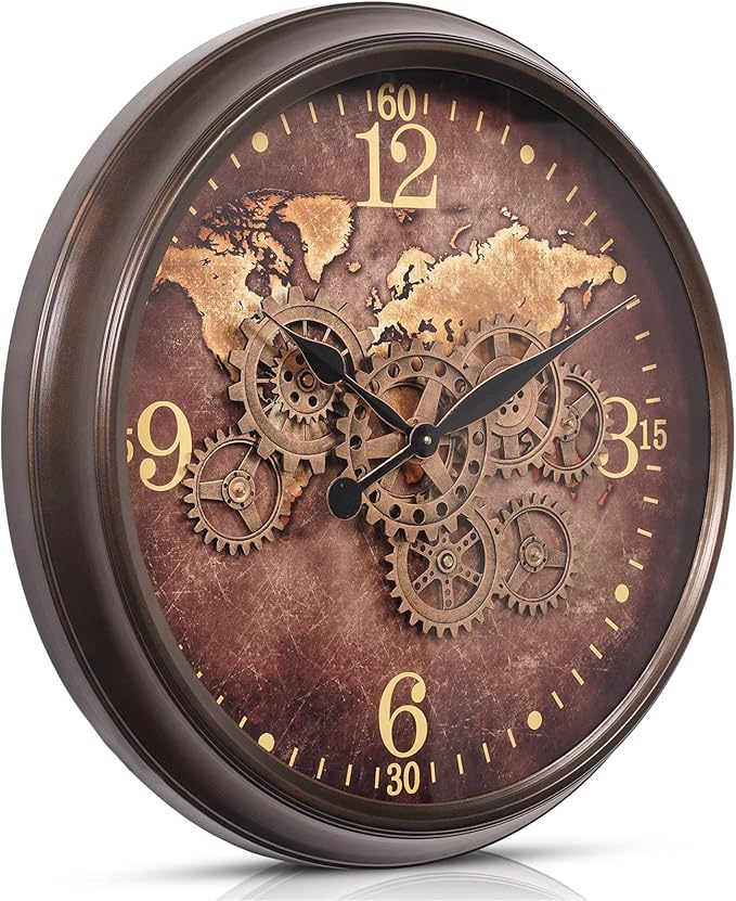 CLXEAST 24 Inch Large Wall Clock with Moving Gears, Industrial Clocks with World Map Dial, Oversized Cool Wall Clock for Living Room Decor,Oil Rubbed Bronze Brown
