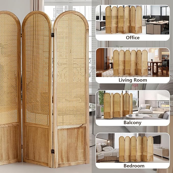 6 Panel Rattan Room Divier, Room Divider Panel and Folding Privacy Screens, Room Divider Wall, Solid Wood Frame, Partition Room Dividers, Bedroom, Lounge, Light Brown