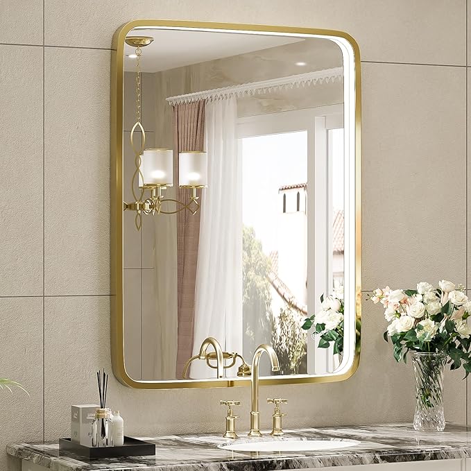 20X28 Inch Framed LED Lighted Bathroom Mirror,Wall Mounted Gold Metal Vanity Mirrors with Lights,Dimmable Illuminated Anti-Fog Mirror(Horizontal/Vertical)