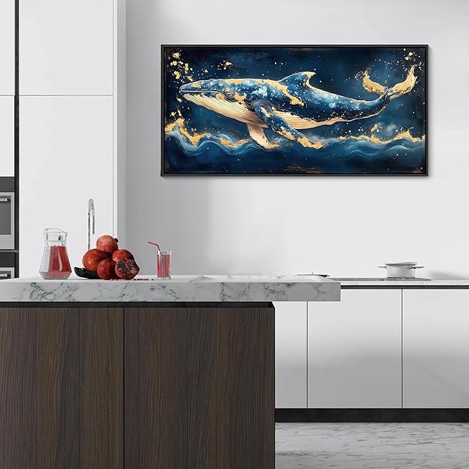 JEAWA Framed Canvas Wall Art - 20x40 IN Marine Animal Painting Wall Decor, Blue White Gold Whale Picture, Modern Art Prints for Living Room Bedroom Bathroom Home Decoration