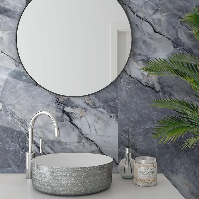 Marble Peel and Stick Waterproof Wall Paneling, 118" x 47" Pietra Grey Glossy Finish Self-Adhesive Backsplash Tile Vinyl Wall Panel for Kitchen Bathroom Wall Decor, Covers 38.75 Sq. Ft.